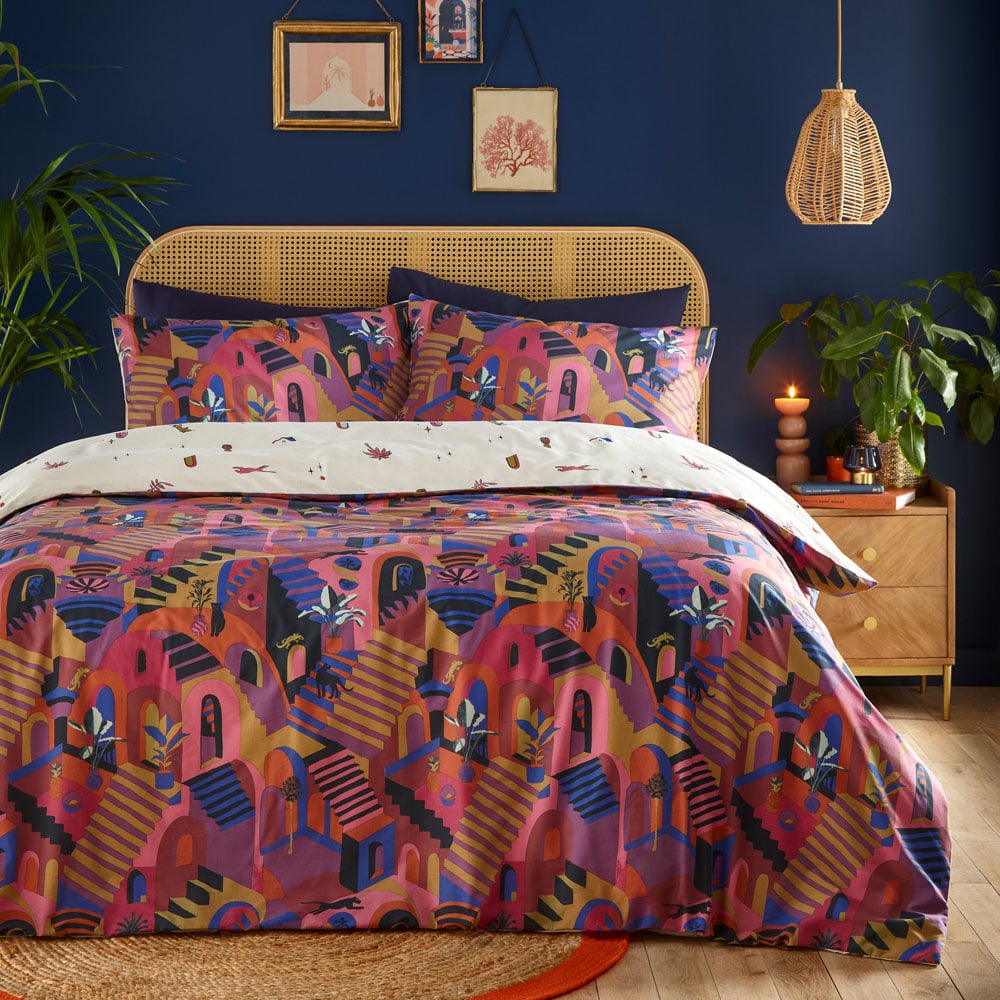 furn. Eivissa King Size Pink Abstract Duvet Cover Set Image 1