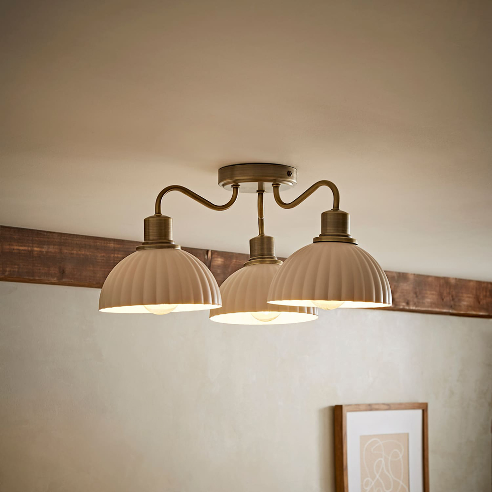 ValueLights Bourton 3 Arm Cream Ribbed Dome Shade Brushed Gold Ceiling Light with Bulb Image 2