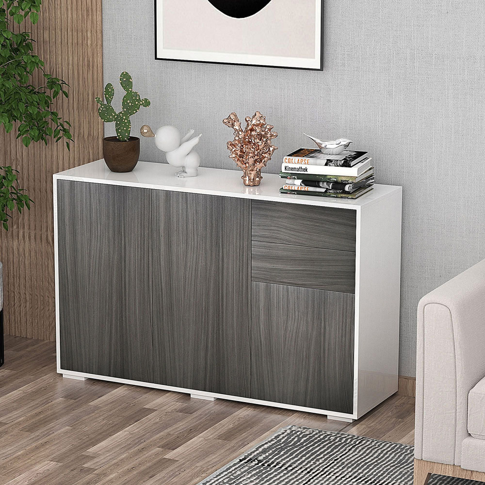 Portland 2 Drawer 2 Cabinet Light Grey and High Gloss White Sideboard Image 4