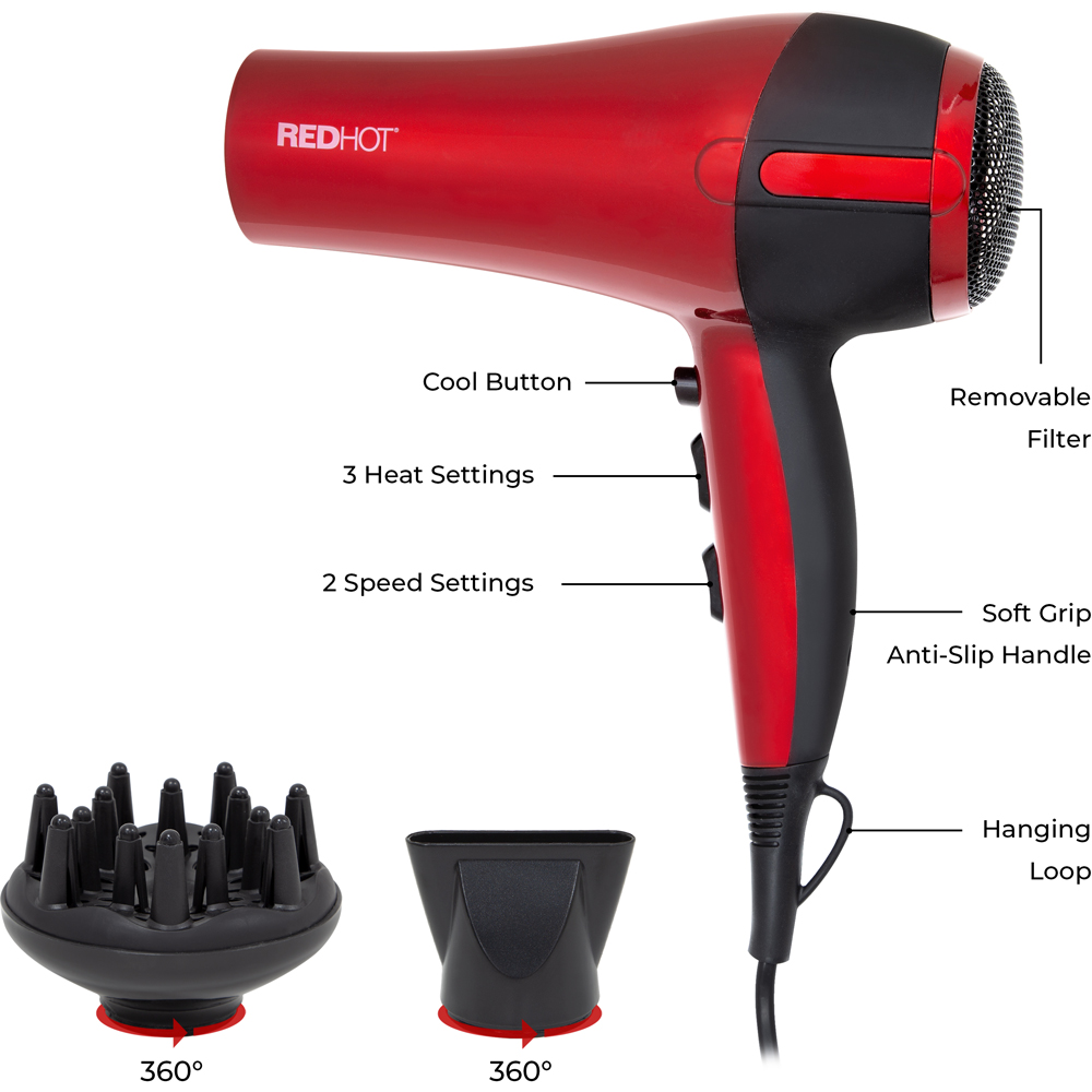 Red Hot Red Professional Hair Dryer with Diffuser Image 5