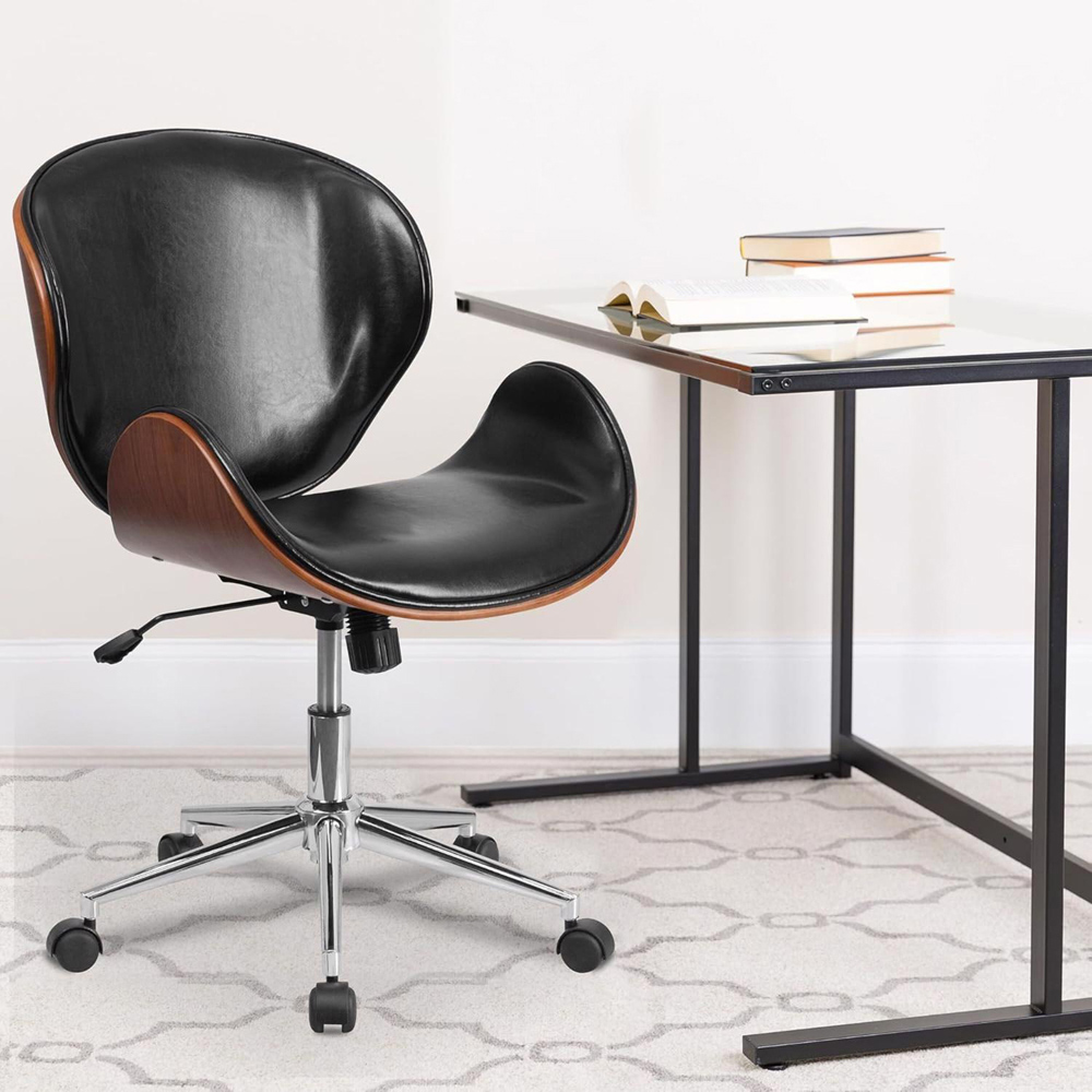 FWStyle Black and Walnut Faux Leather Armless Office Chair Image 3