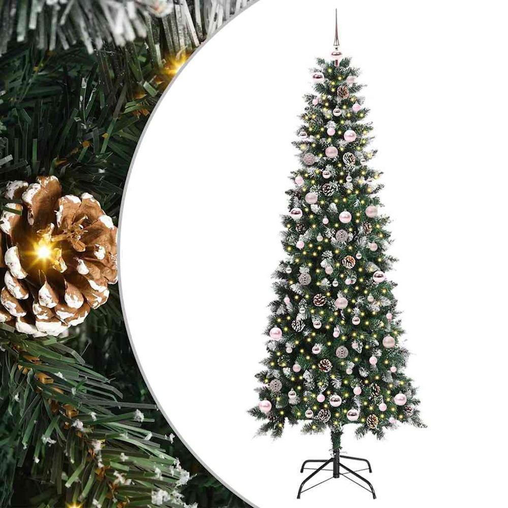 vidaXL Pre-Lit Pink Baubles Green Artificial Snow Tipped Christmas Tree 8ft Image 2