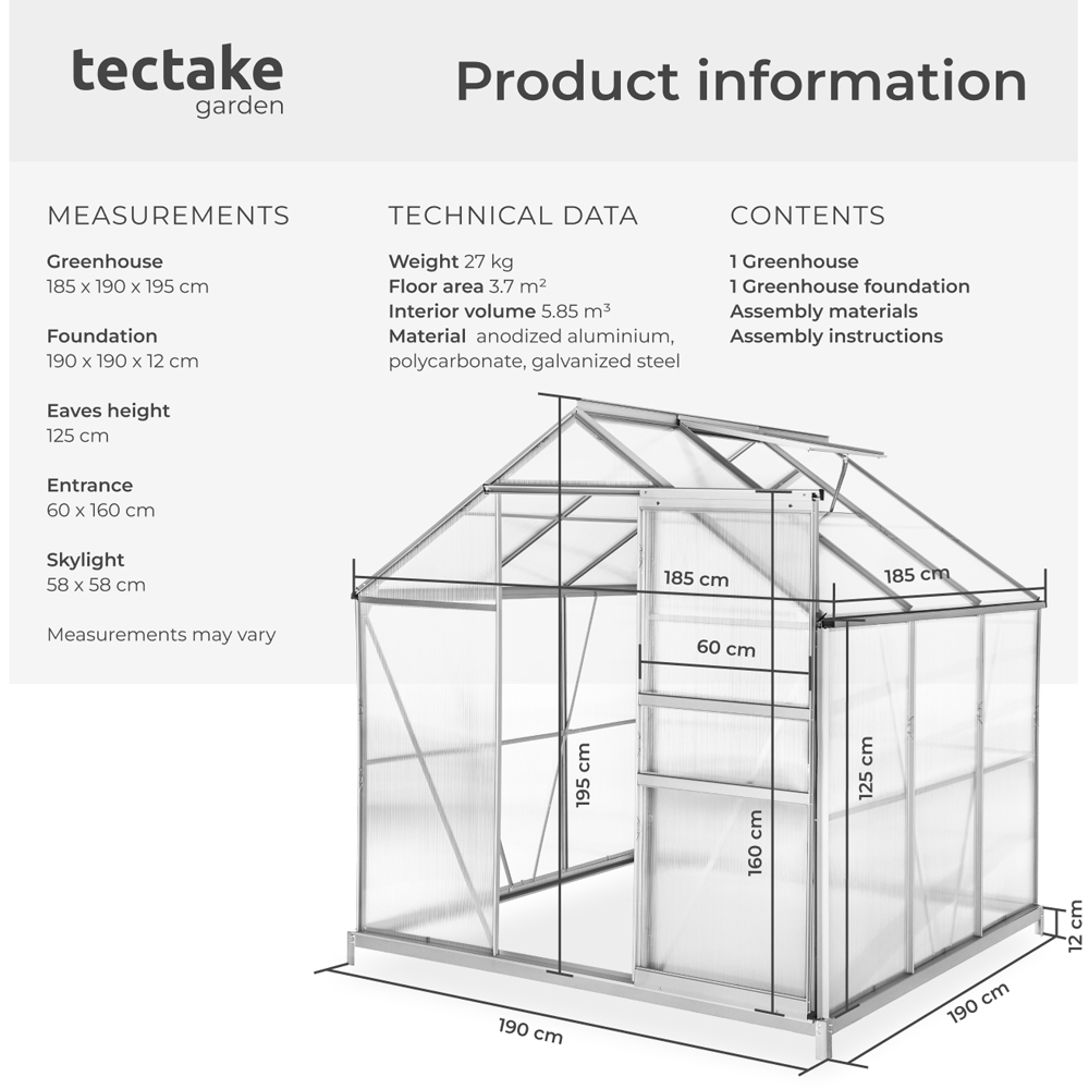 tectake Clear Aluminium 6 x 6.2ft Greenhouse with Foundation Image 9