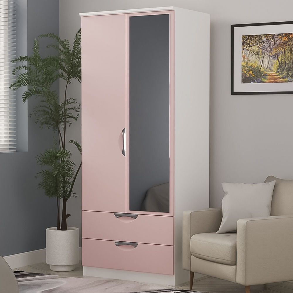 Crowndale Camden 2 Door 2 Drawer Kobe Pink and White Mirrored Wardrobe Ready Assembled Image 1