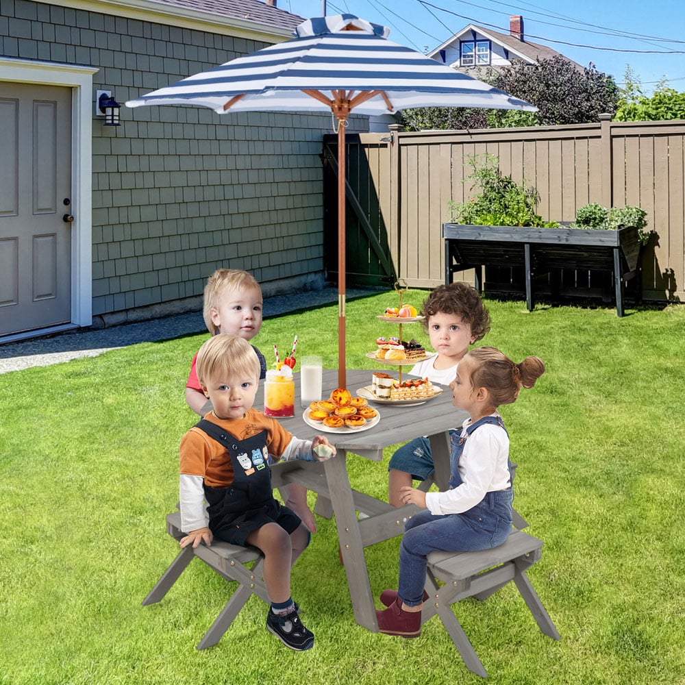 Costway 4 Seater Kids Picnic Dining Set with Adjustable Umbrella Grey Image 3