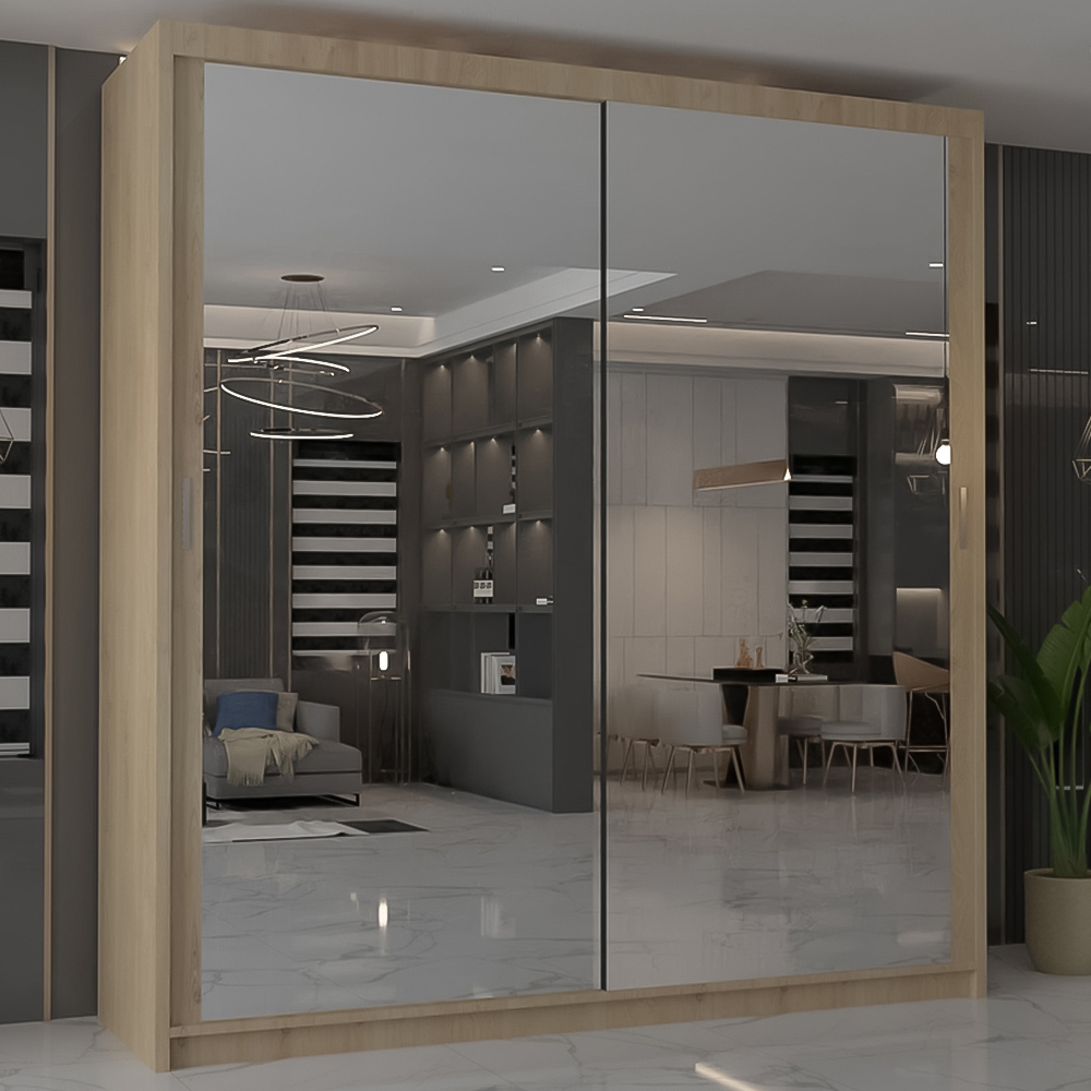 M N Furniture Modern Gala 2 Door Oak Mirrored Sliding Wardrobe 180cm Image 1