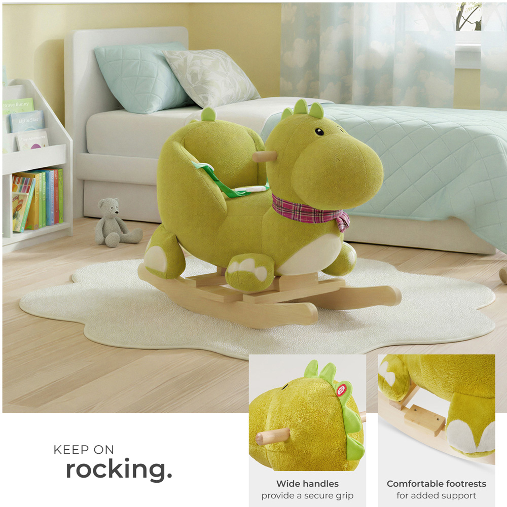 tectake Kids Green Dinosaur Plush Cover Wooden Rocking Horse Image 5