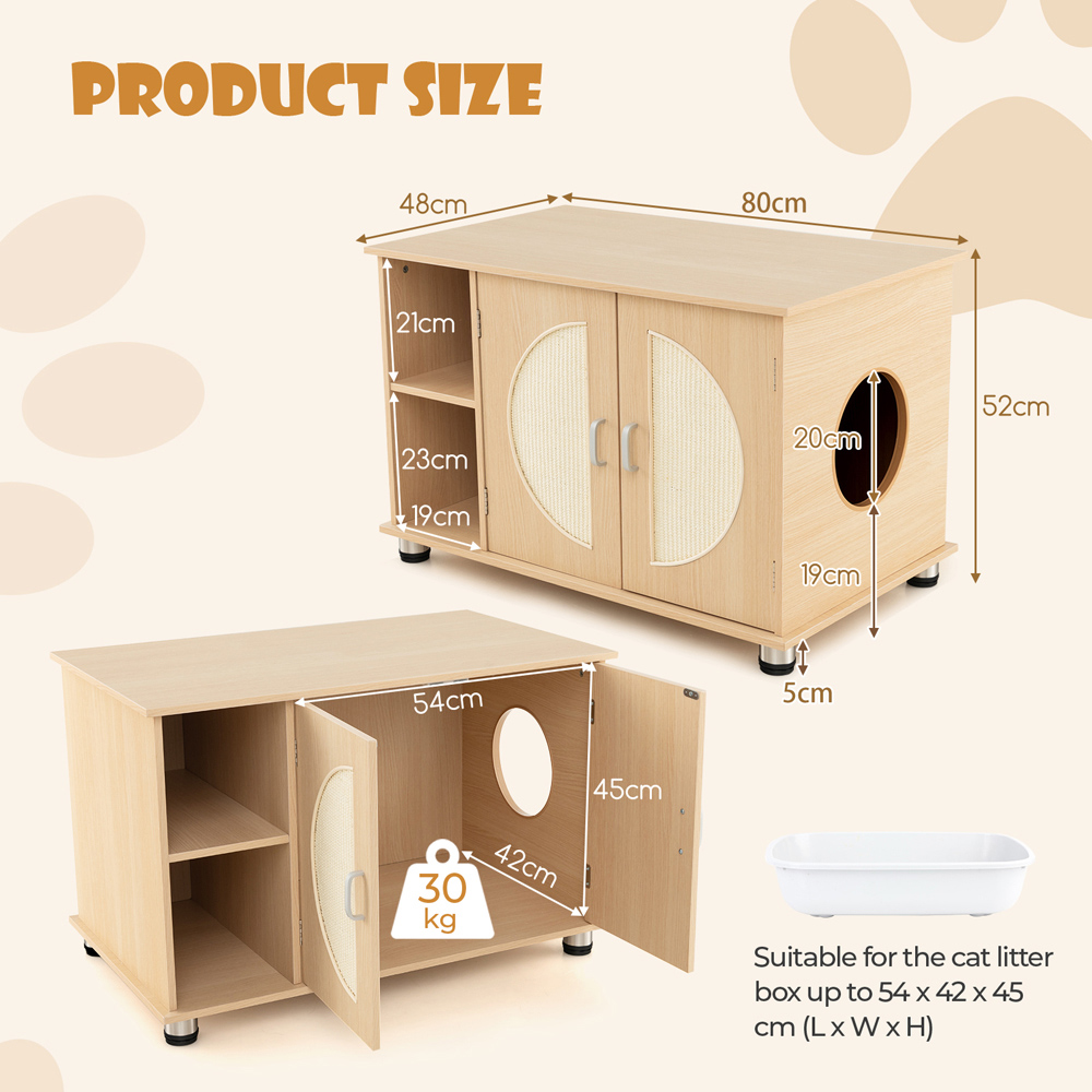 Costway Natural Cat Litter Box Enclosure with Sisal Scratching Doors Image 9