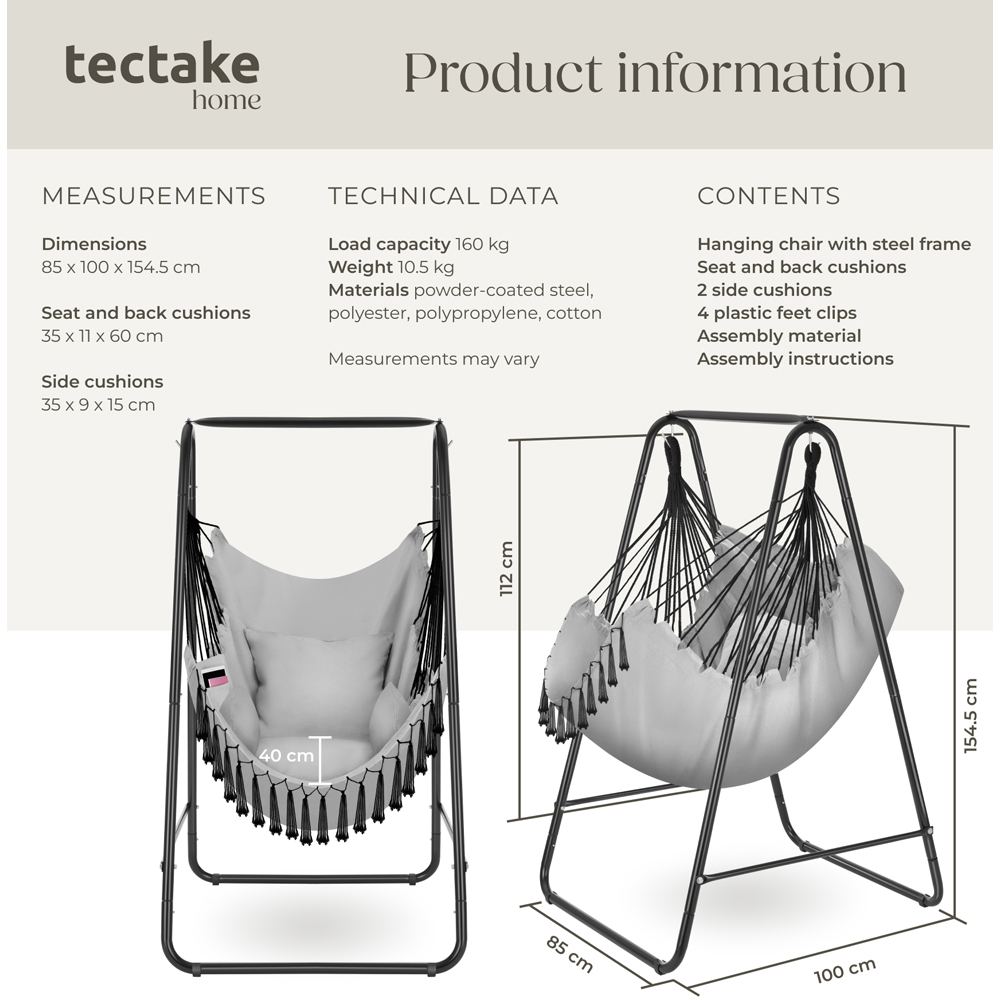 tectake Alison Grey Swing Chair with 3 Thick Pillows 160kg Image 9