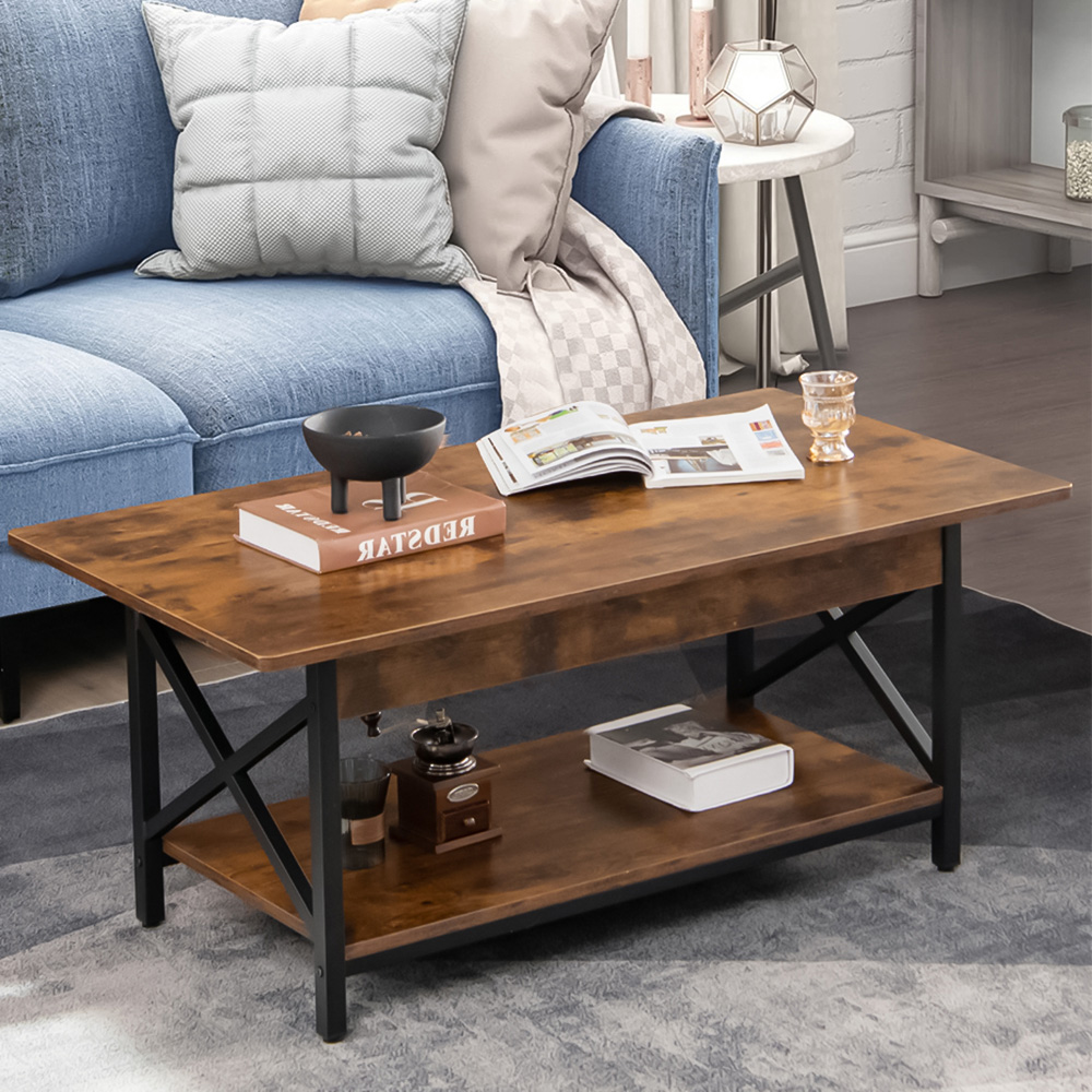 Costway Single Shelf Rustic Brown Industrial Style Coffee Table Image 1