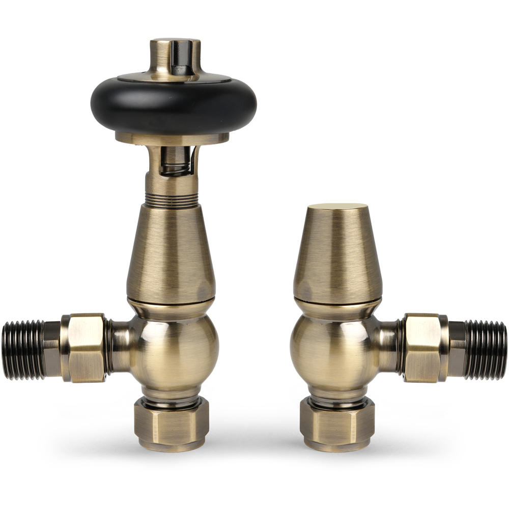Go Bathrooms Ria Antique Brass Wooden Head Angled Radiator Valves Set 15mm Image 3