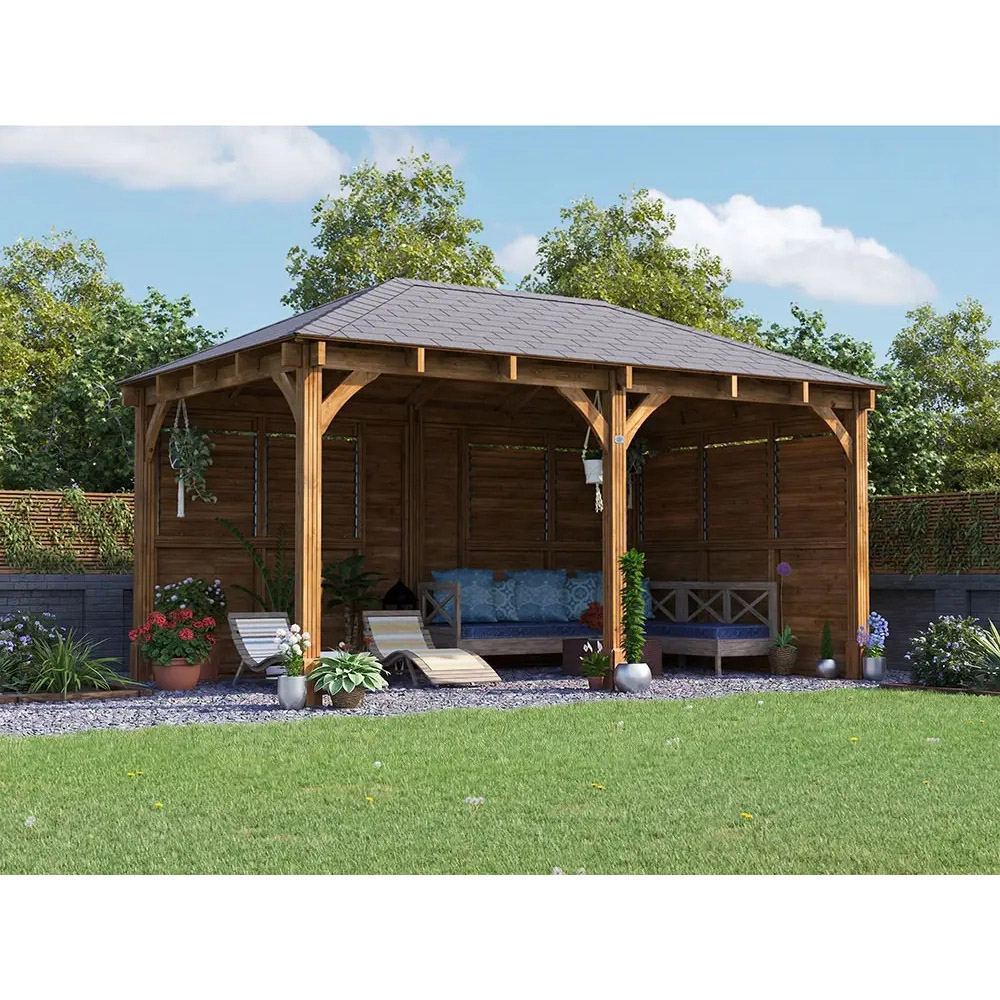 Dunster House Leviathan 5 x 3m Brown Louvre Wall Garden Gazebo with Roof Shingles Image 3