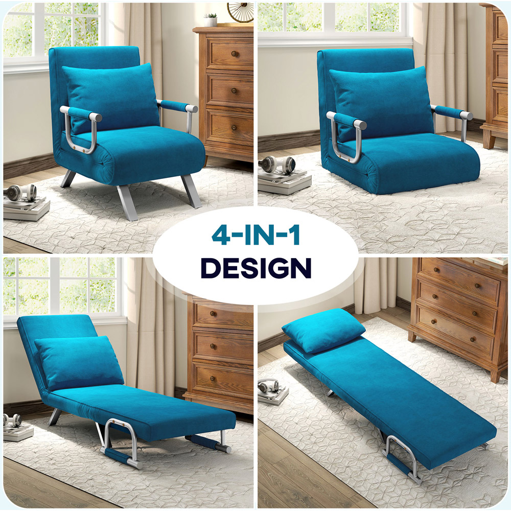 HOMCOM Single Blue Velvet Feel Chair Bed Image 6
