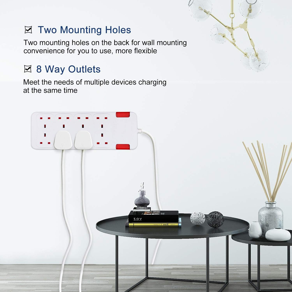 ExtraStar 13A 5m 8 Socket Child Resistant White Extension Lead with Indicate Light Image 2