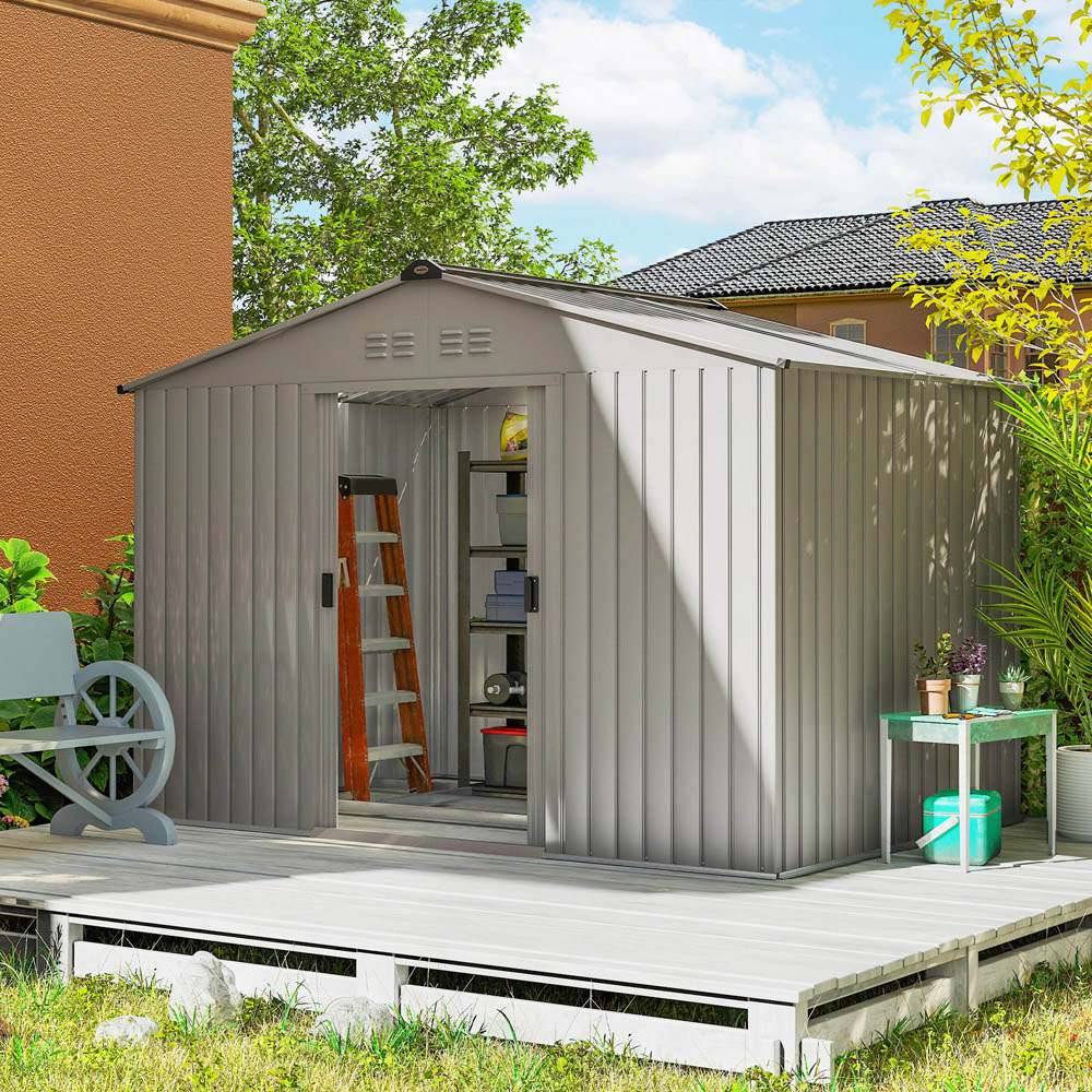 Outsunny 9 x 6ft Grey Galvanised Garden Storage Shed with Sliding Door Image 2