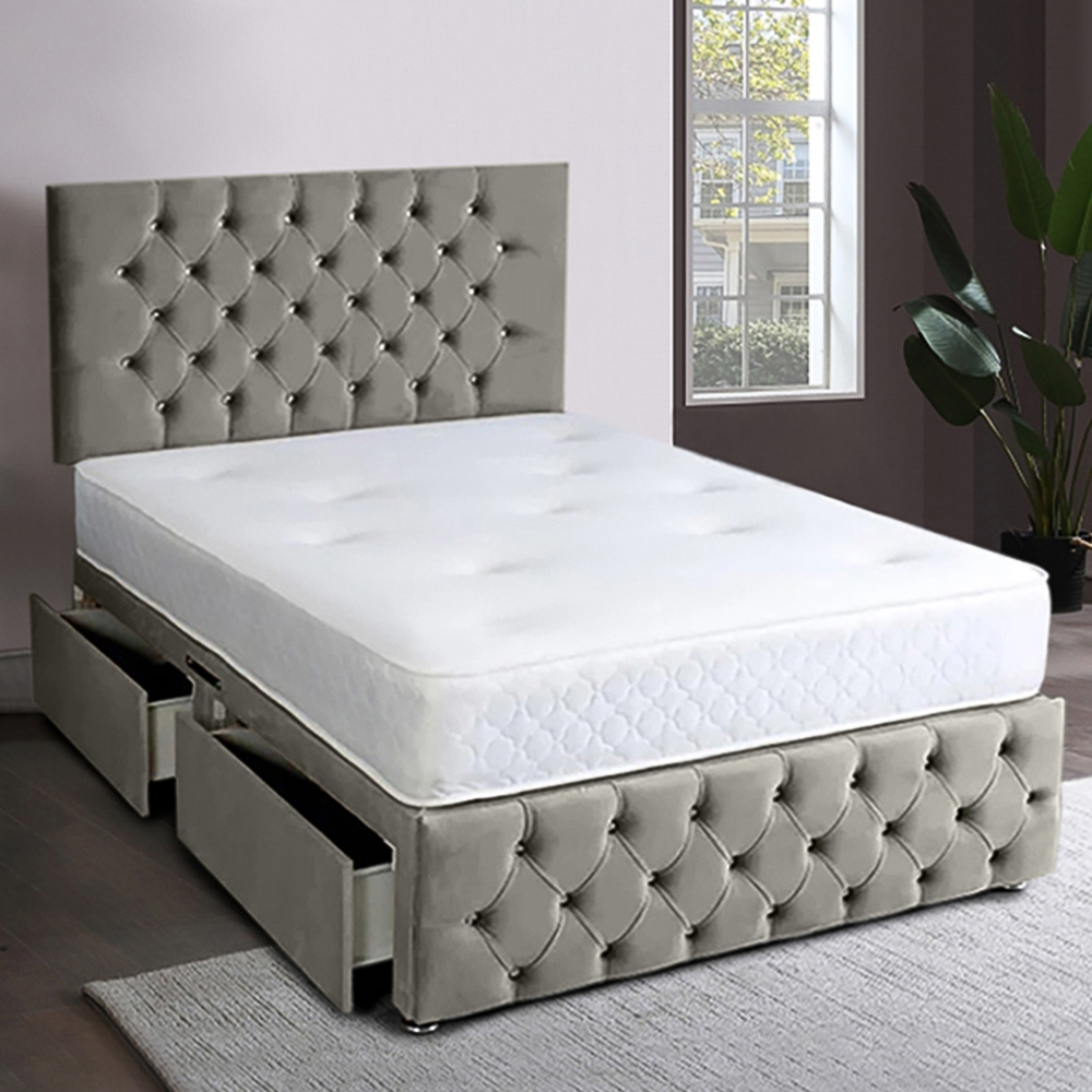 Eleganza Home Serenova King Size Grey Plush Velvet 2 Drawer Divan Bed with Headboard Image 1