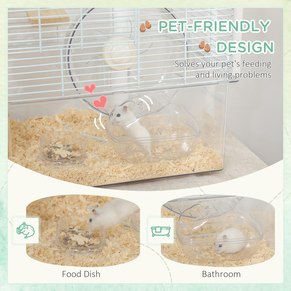 PawHut White and Natural Hamster Cage with Wooden Ramp and Exercise Wheel Image 5