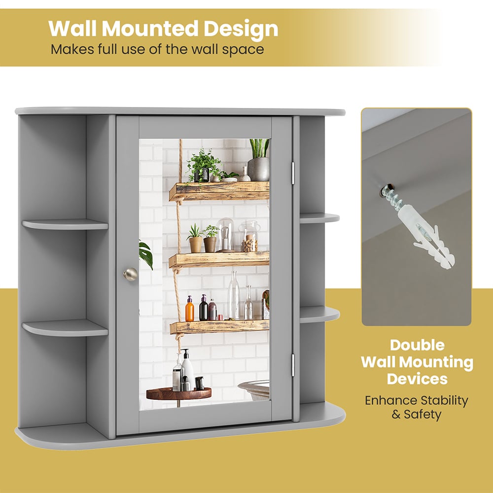 Costway Single Door 6 Shelf Grey Mirrored Bathroom Cabinet Image 7
