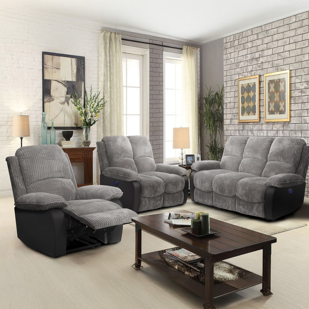 Comfy Living 6 Seater Grey Cord Fabric Electric Recliner Sofa Set Image 1