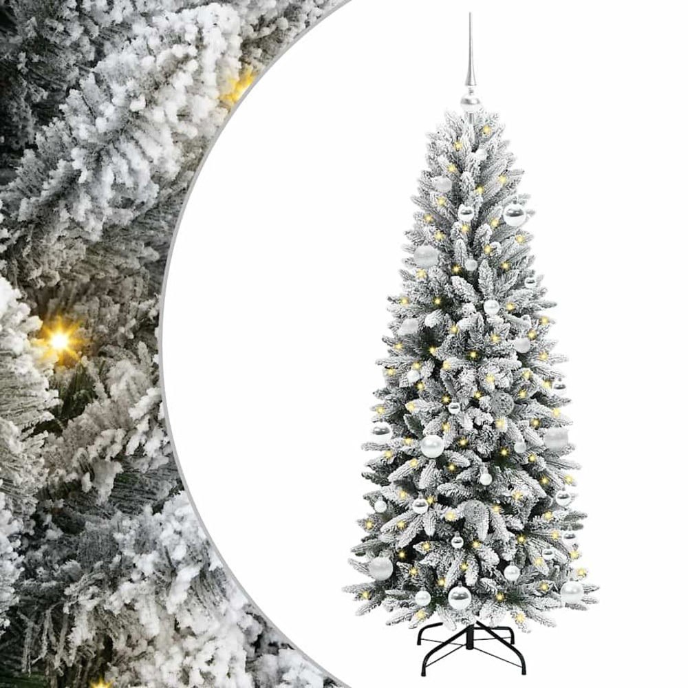 vidaXL Pre-Lit Silver Baubles Artificial Snow Flocked Christmas Tree 5ft Image 2