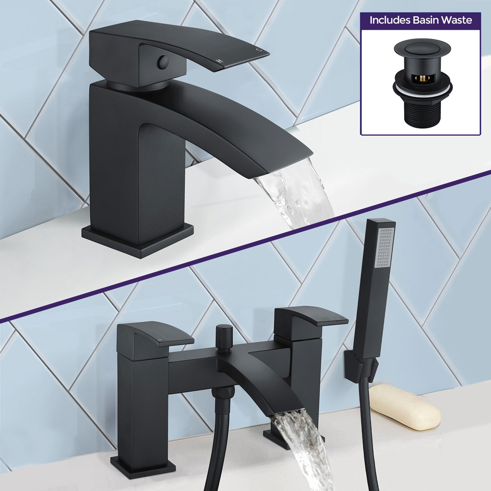 Nes Home Nexa Waterfall Matte Black Bath Shower Mixer Pack and Basin Mixer Tap with Waste Image 4