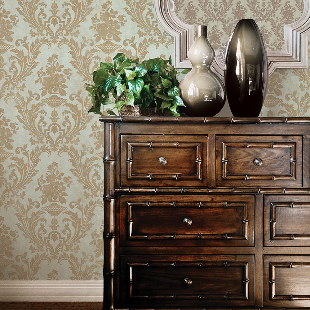 Galerie Stripes and Damask 2 Gold and Duck Egg Wallpaper Image 2