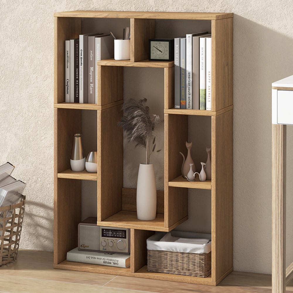 Costway 7 Shelf Natural Geometric Bookshelf Image 1