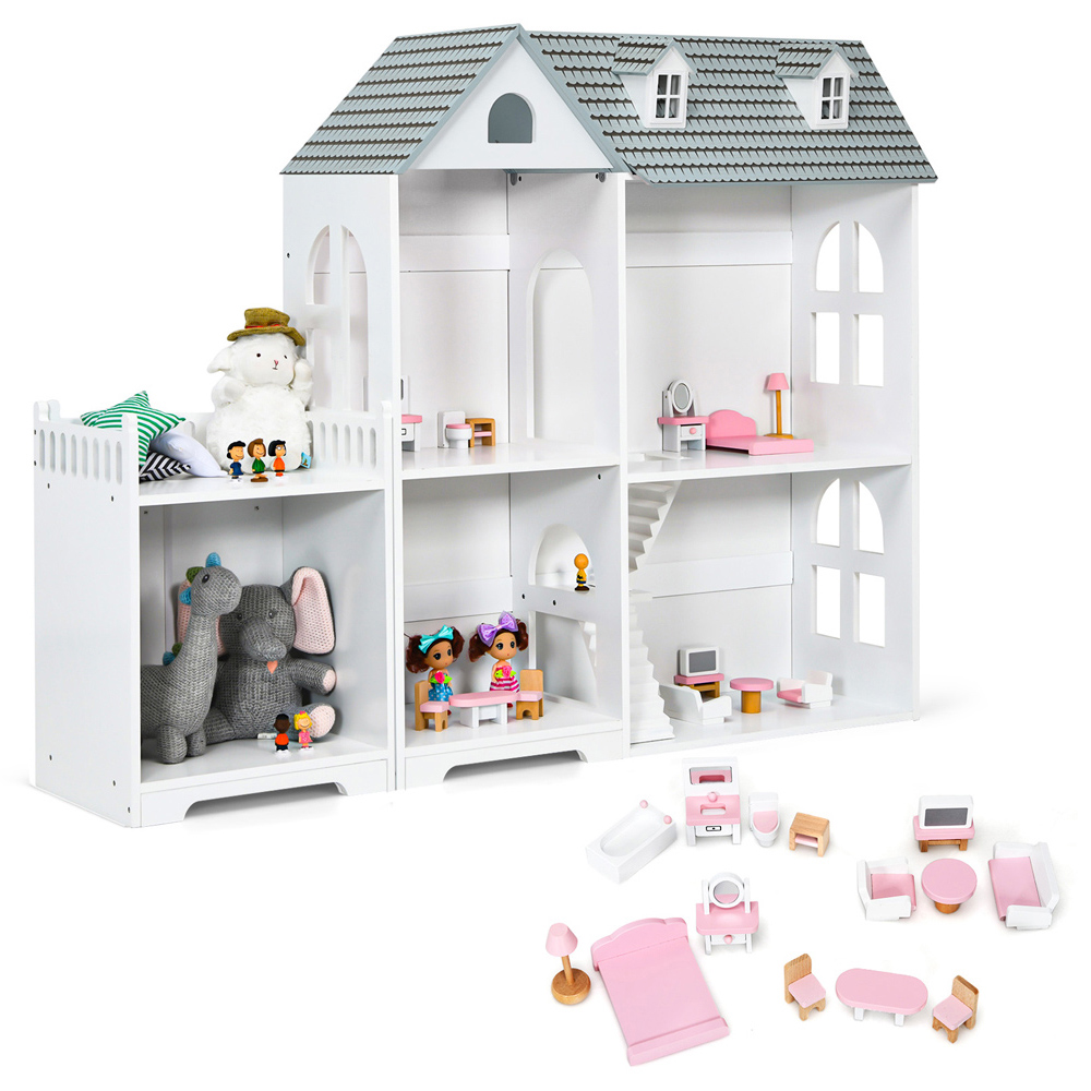 Costway Grey Large Wooden Dolls House Image 1