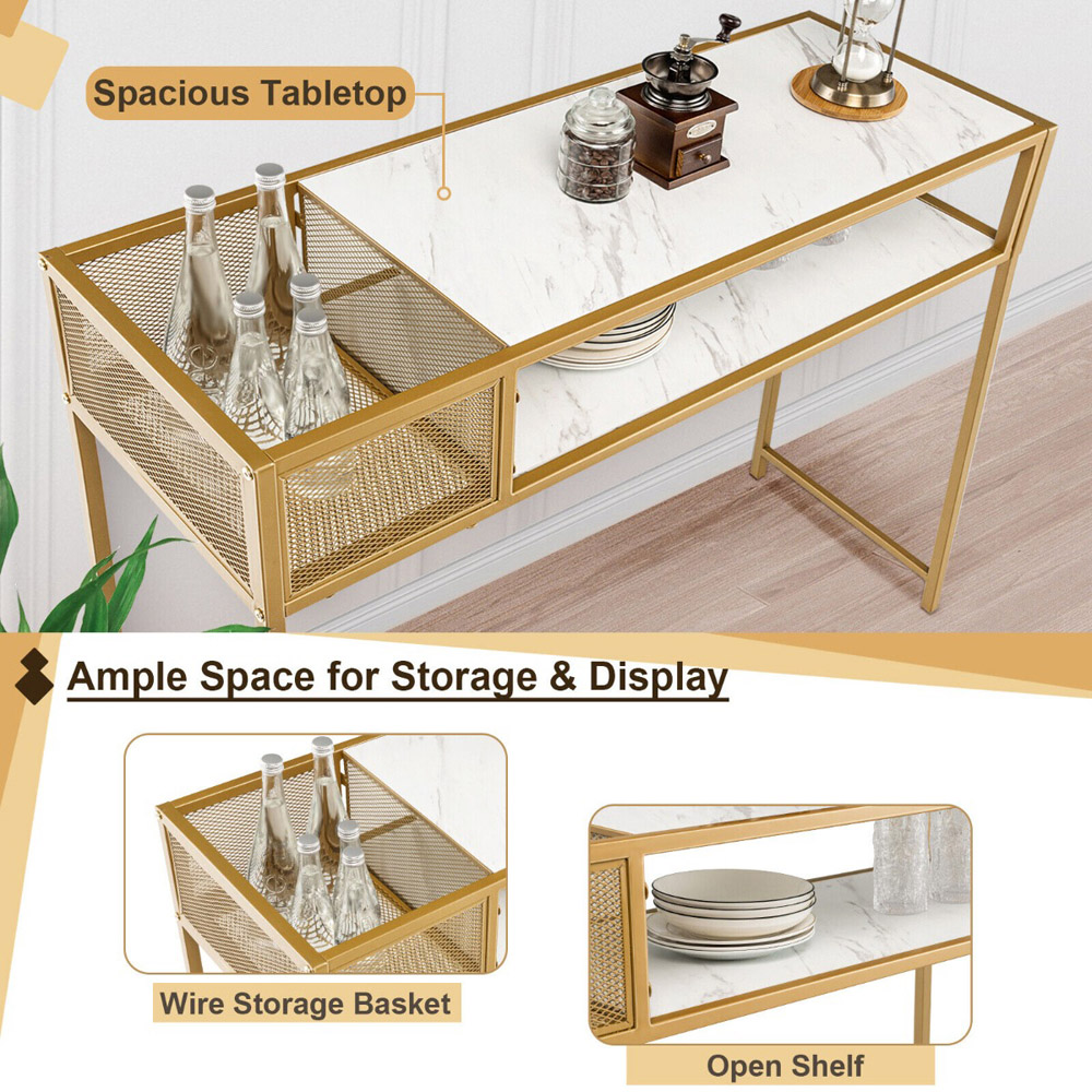 Costway Single Shelf White Faux Marble Narrow Console Table with Mesh Basket Image 5