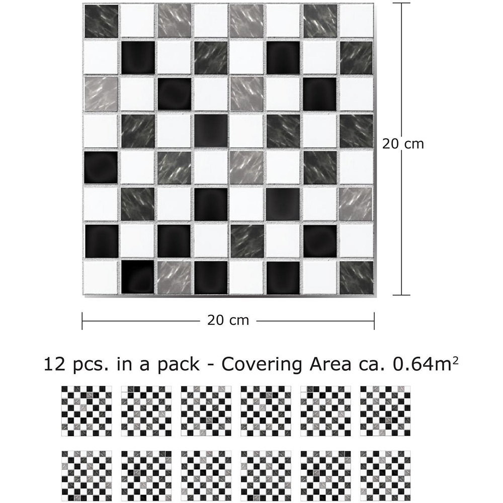 Walplus Square Pattern Black and White Self Adhesive Tile Sticker 12 Pack Image 3