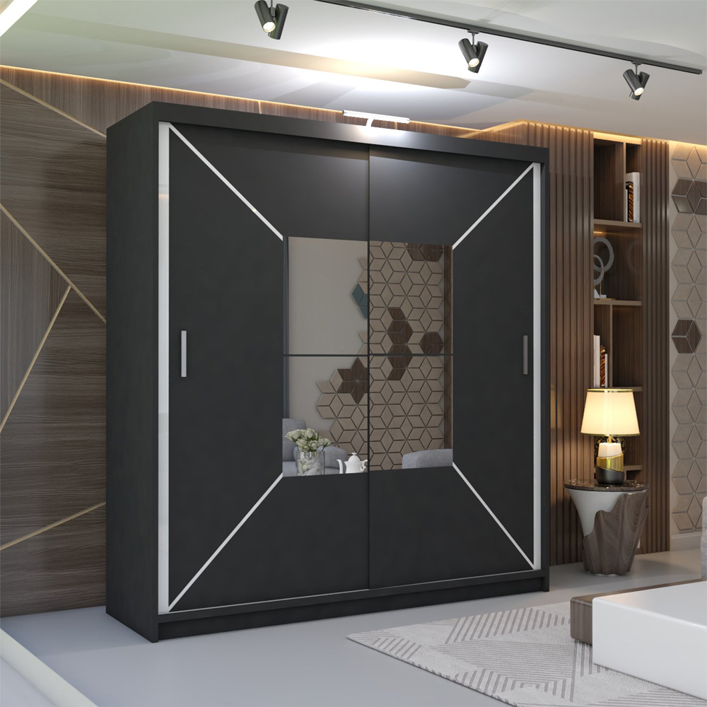 M N Furniture Nicle 2 Door Black Mirrored Sliding Wardrobe 150cm Image 3