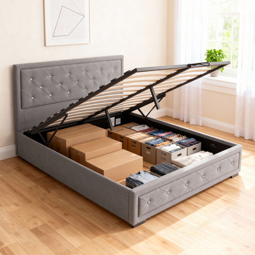 Brooklyn King Size Silver Crushed Velvet Fabric Diamante Ottoman Bed Image 3