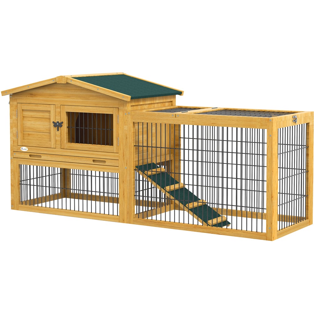 PawHut Yellow Wooden 2 Tier Rabbit Hutch with Ladder Image 1