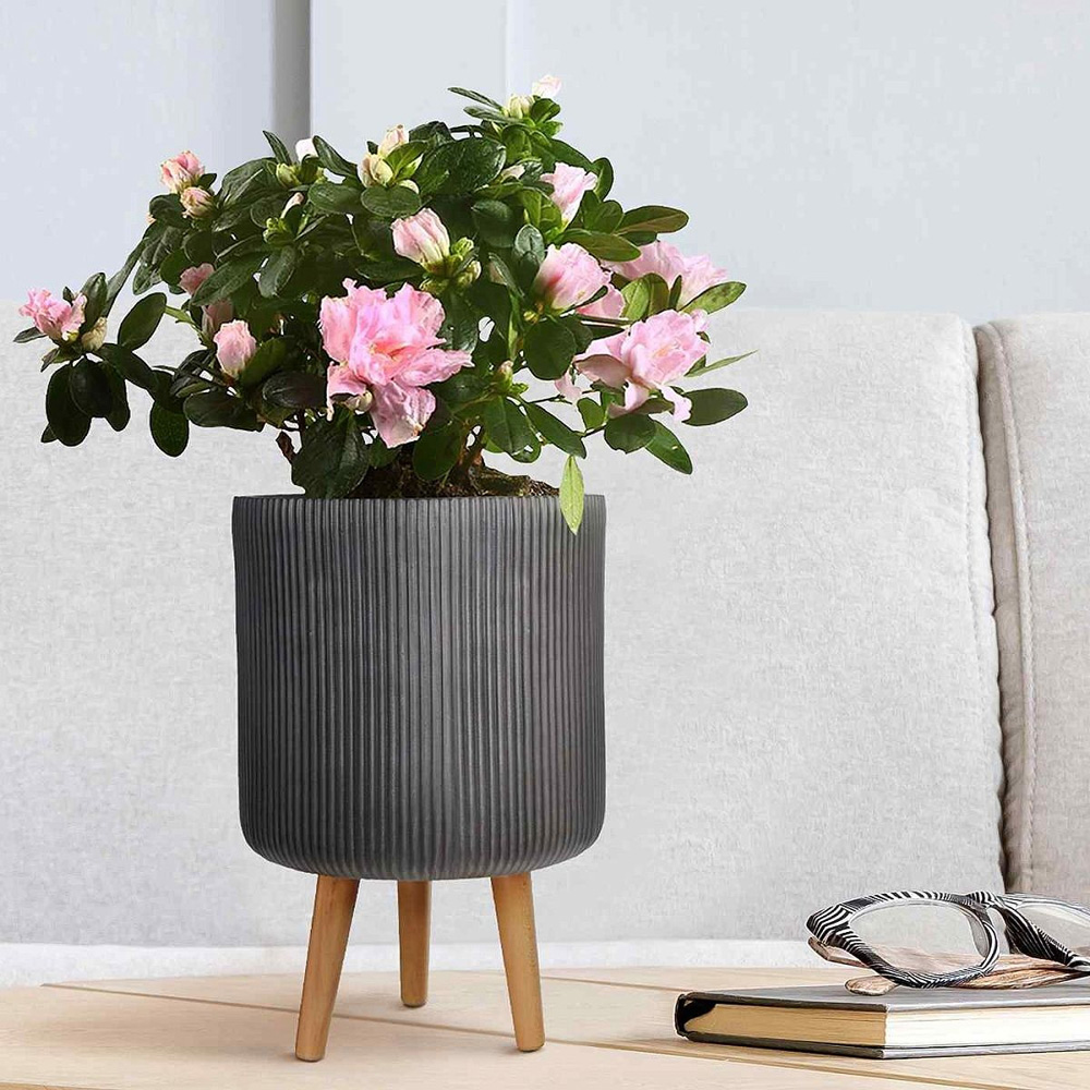 wilko Ribbed Black Indoor Cylinder Plant Pot with Legs 36cm Image 2