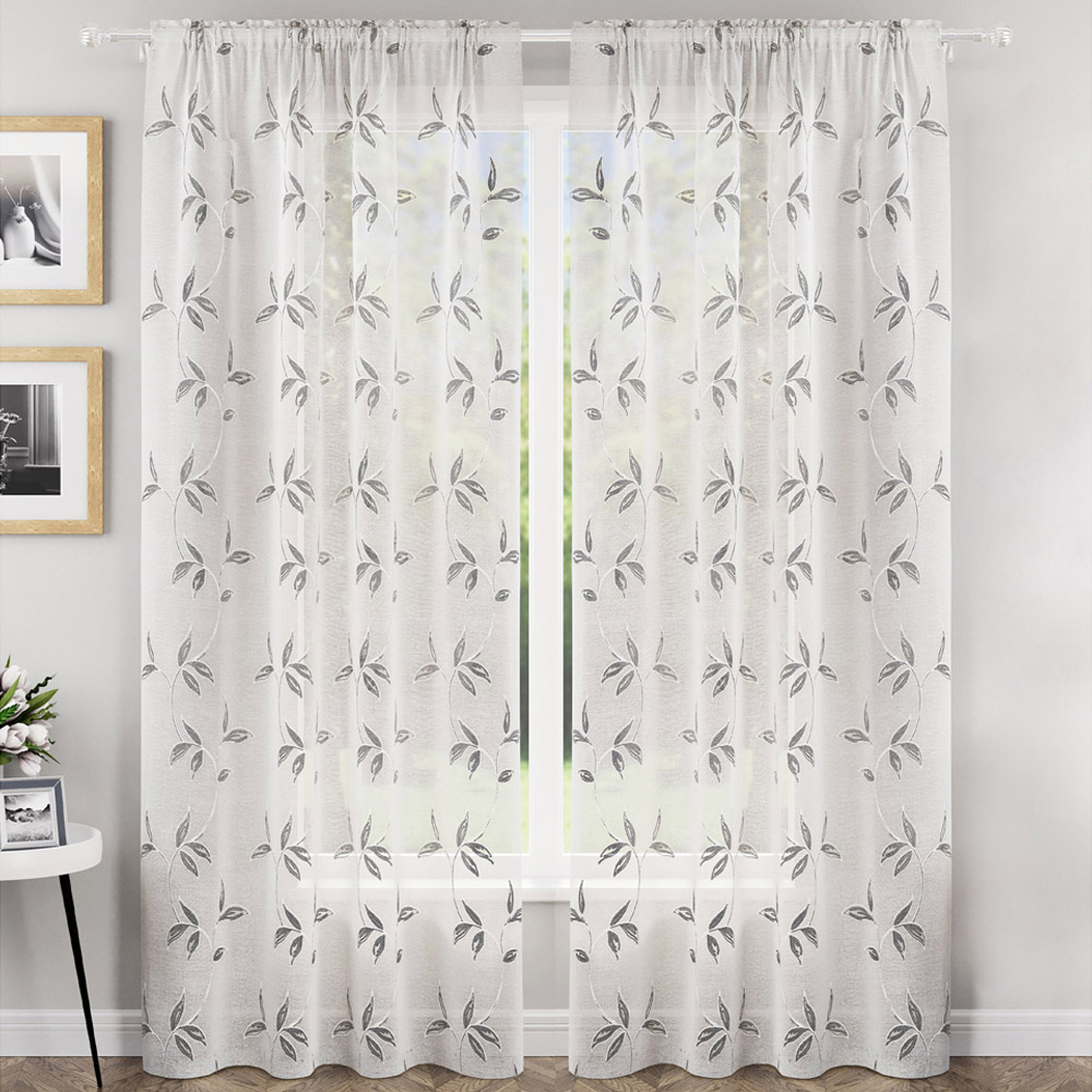 Enhanced Living Oasis Grey Embroidered Leaf Design Sheer Rod Pocket Voile Panels 140 x 183cm Image 1
