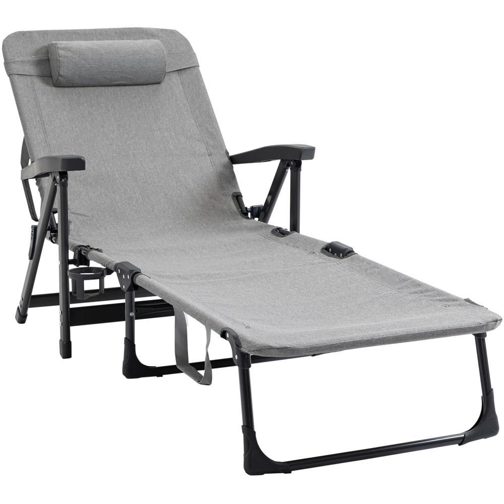 Outsunny Light Grey Recliner Folding Sun Lounger with Pillow and Cup Holder Image 2