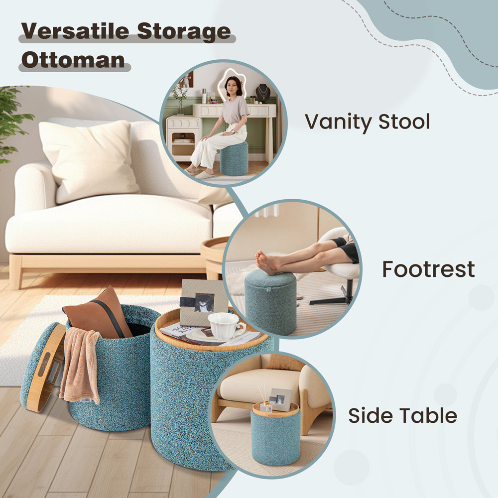 Costway Blue Upholstered Storage Round Ottoman with Reversible Tray Set of 2 Image 8