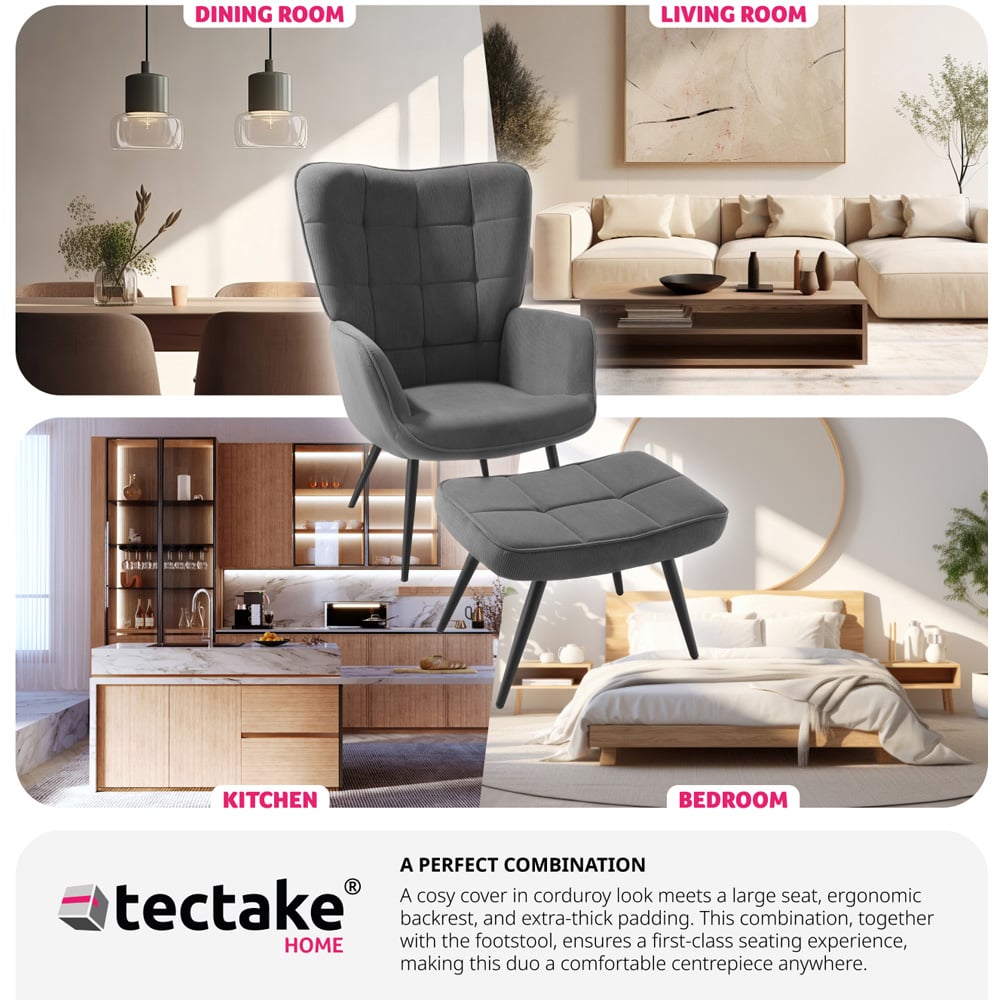 tectake Hygge Fine Corduroy Anthracite and Black Armchair with Stool Image 7