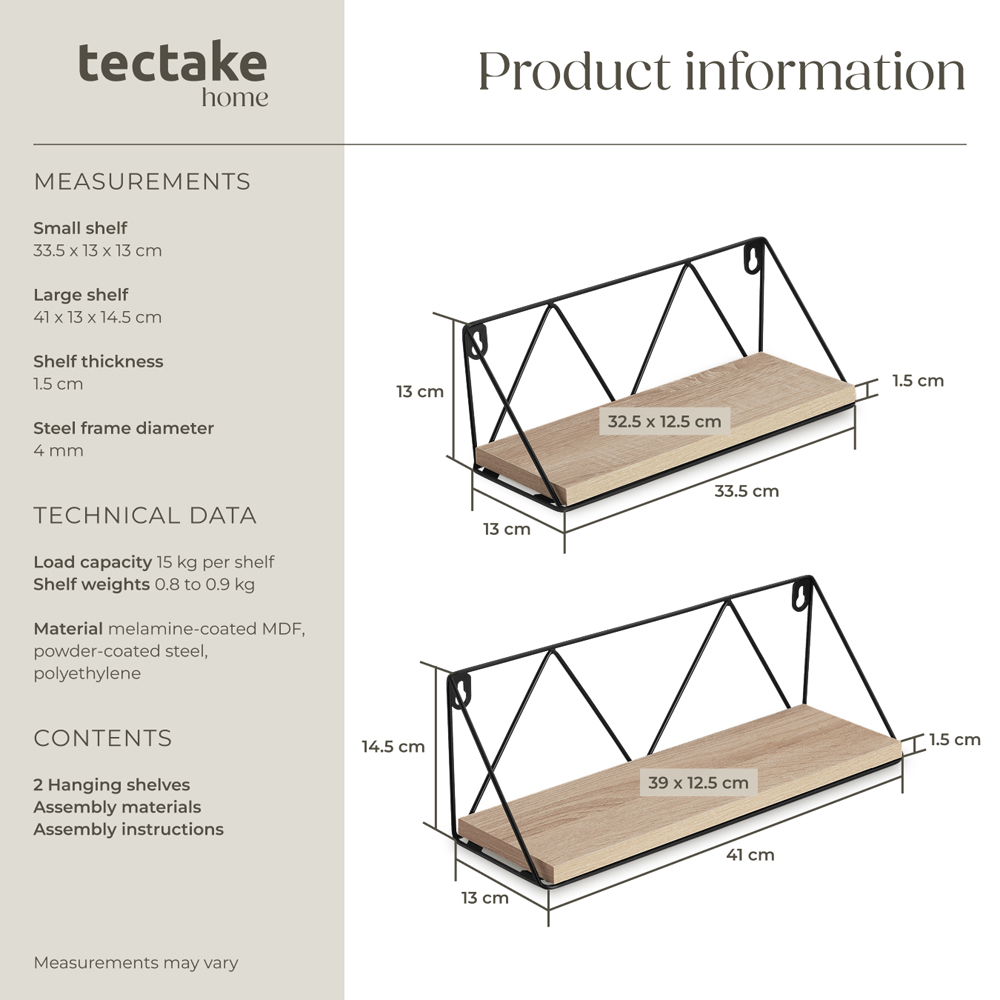 tectake Oak Wall Shelf with Decorative Metal Bracket Set of 2 Image 9