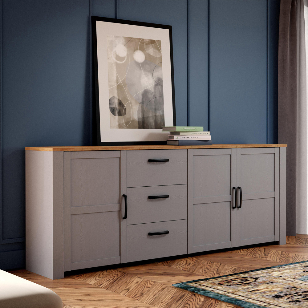 Florence Bohol 3 Door 3 Drawer Grey Riviera Oak Large Sideboard Image 5