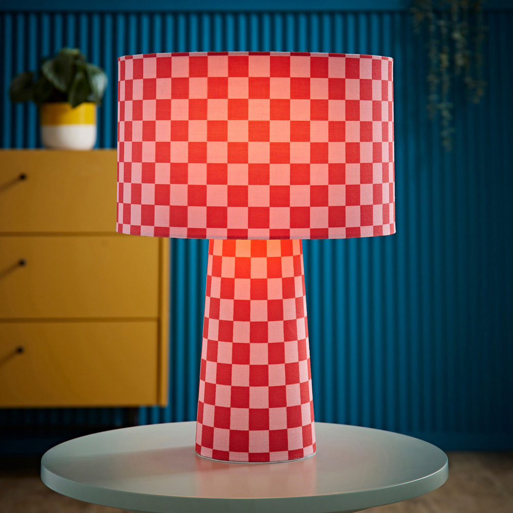 ValueLights Pritchard Pink Checkerboard Drum Shade Full Fabric LED Table Lamp Image 2