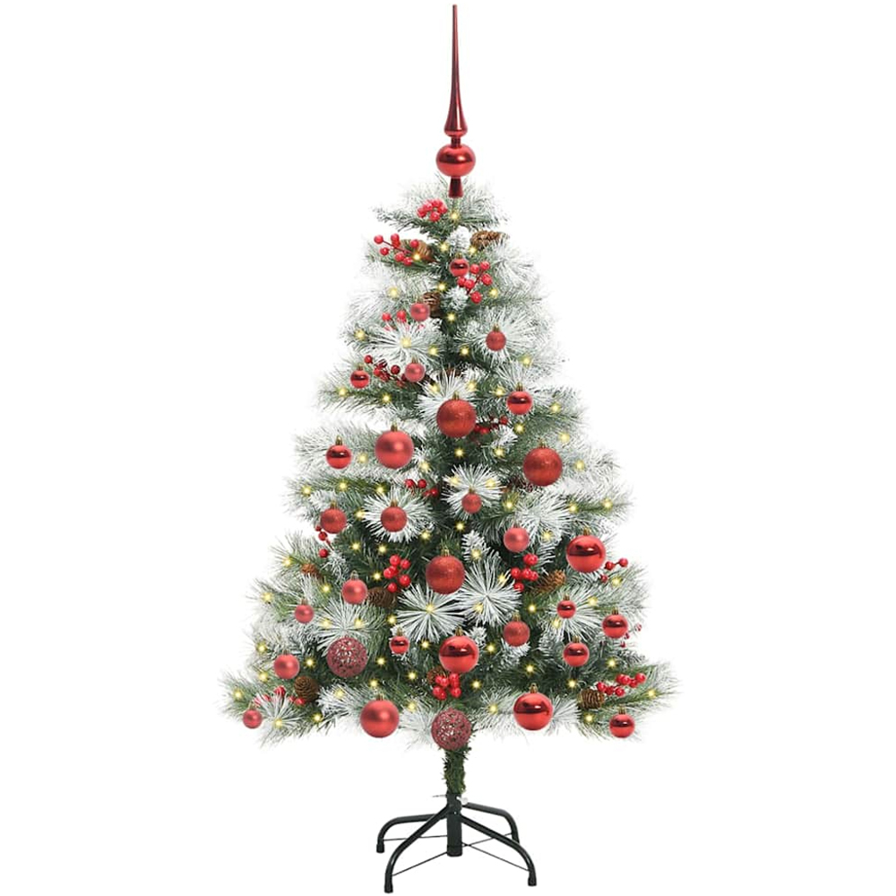 vidaXL Pre-Lit Red Baubles Green Artificial Snow Flocked Christmas Tree 4ft Image 1