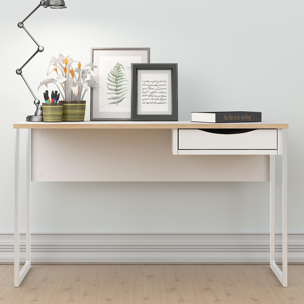 Florence Function Plus Single Drawer Wide Desk White and Oak Image 1