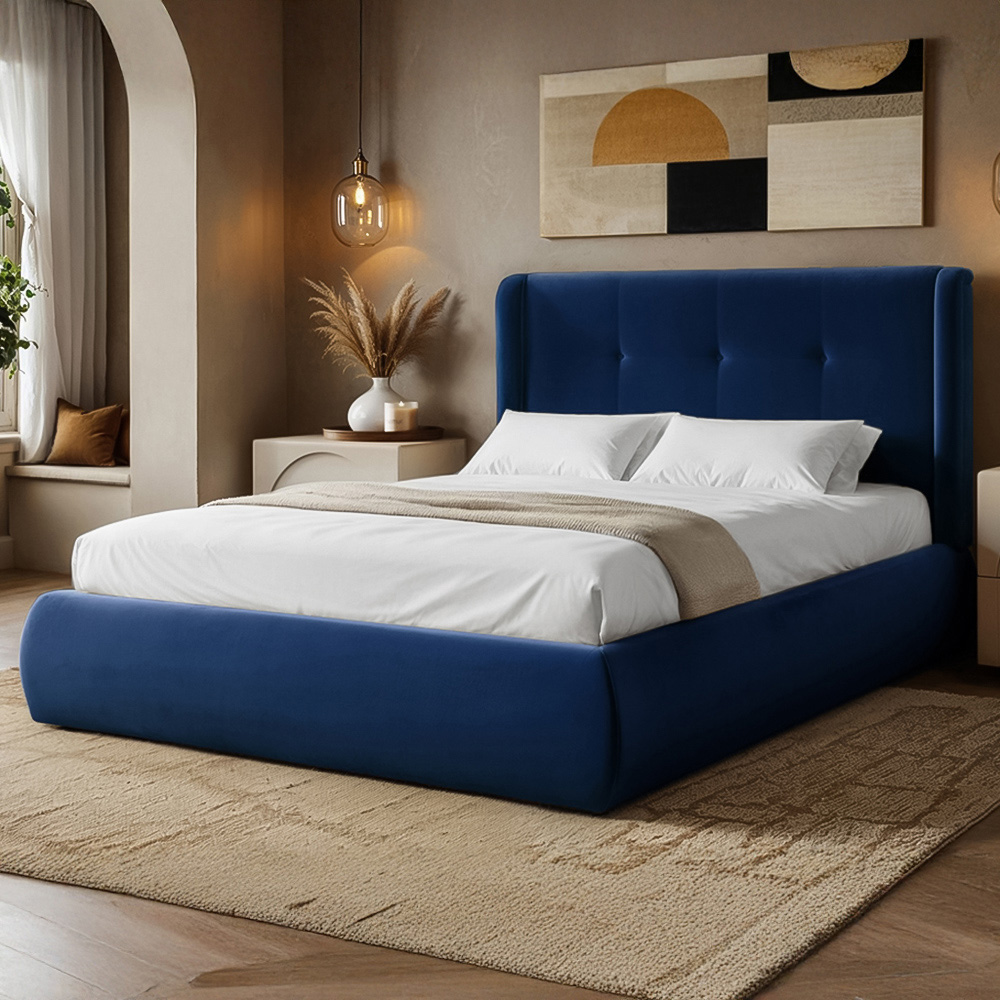 Solace+Co Monte King Size Midnight Velvet Ottoman Bed with Winged Button Headboard Image 1