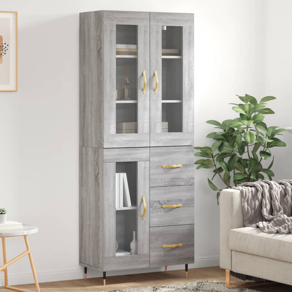 vidaXL 3 Glass Door 3 Drawer Grey Sonoma Highboard Image 1