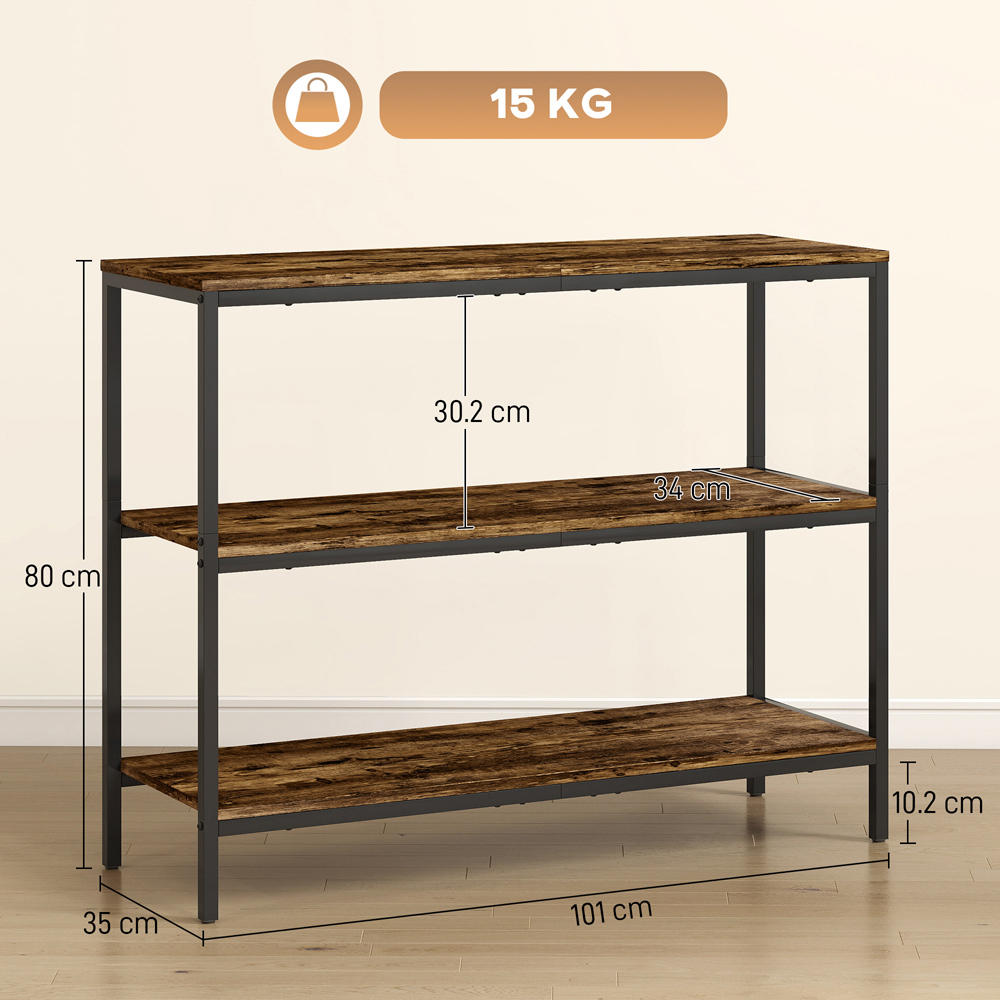 HOMCOM 3 Shelf Rustic Brown Industrial Console Table Image 9