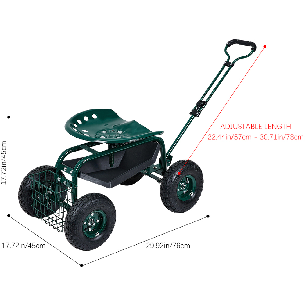 Living and Home Green Adjustable Rolling Garden Cart with Seat and Basket Image 8