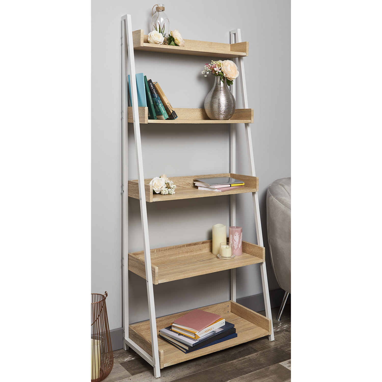 Harlow 5 Shelves White and Light Oak Metal Bookcase Image 5