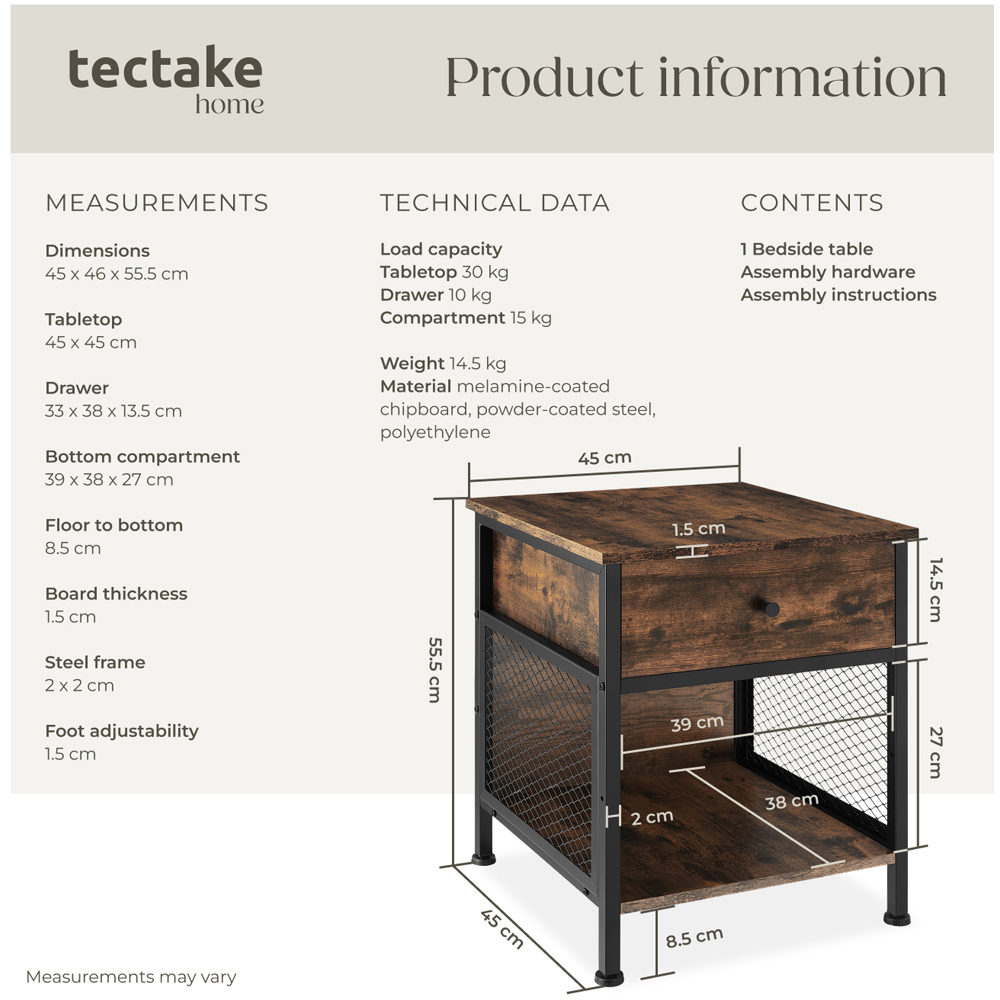 tectake Killarney Single Drawer Dark Industrial Wood Rustic Bedside Table Image 9