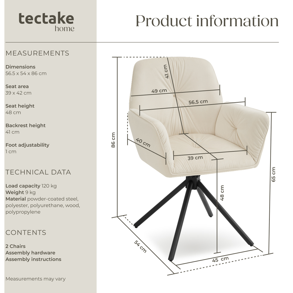 tectake Lenia Set of 2 Cream and Black Velvet Swivel Chair Image 9